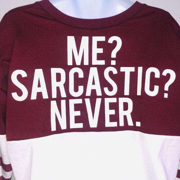 Womens XL Top Me Sarcastic Never Maroon White Long Sleeve New - Picture 2 of 6
